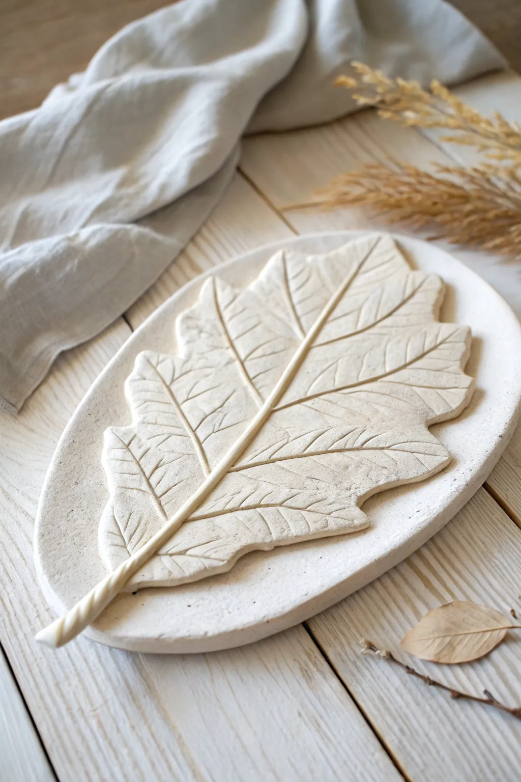 Leaf-impressed clay keepsake plaque with painted veins, a simple nature craft kids can love.