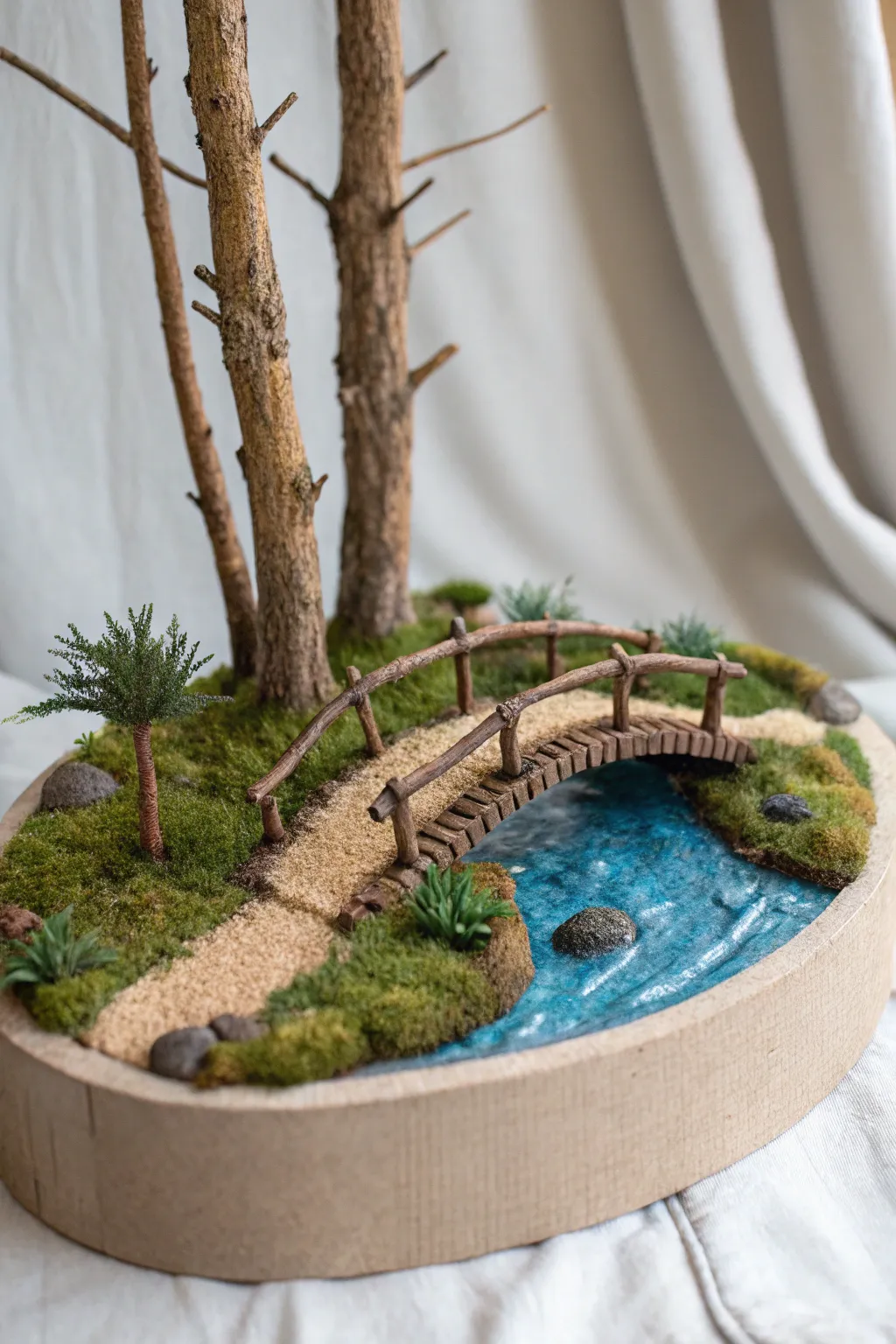 A simple clay woodland bridge over a bright blue stream, with calm Nordic-boho forest charm.