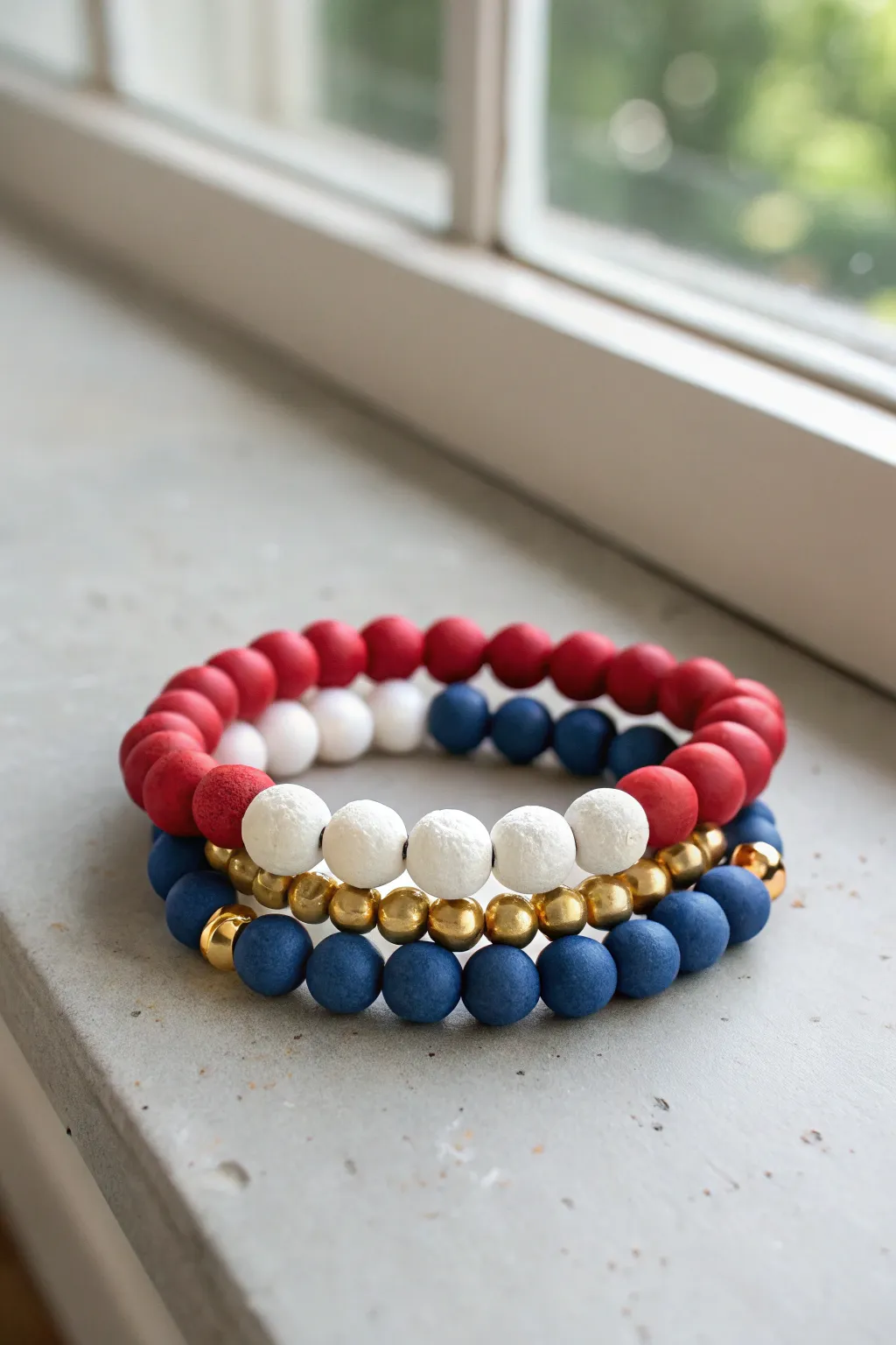 Red, white, and blue clay beads pop with gold spacers for an easy Fourth of July stack.