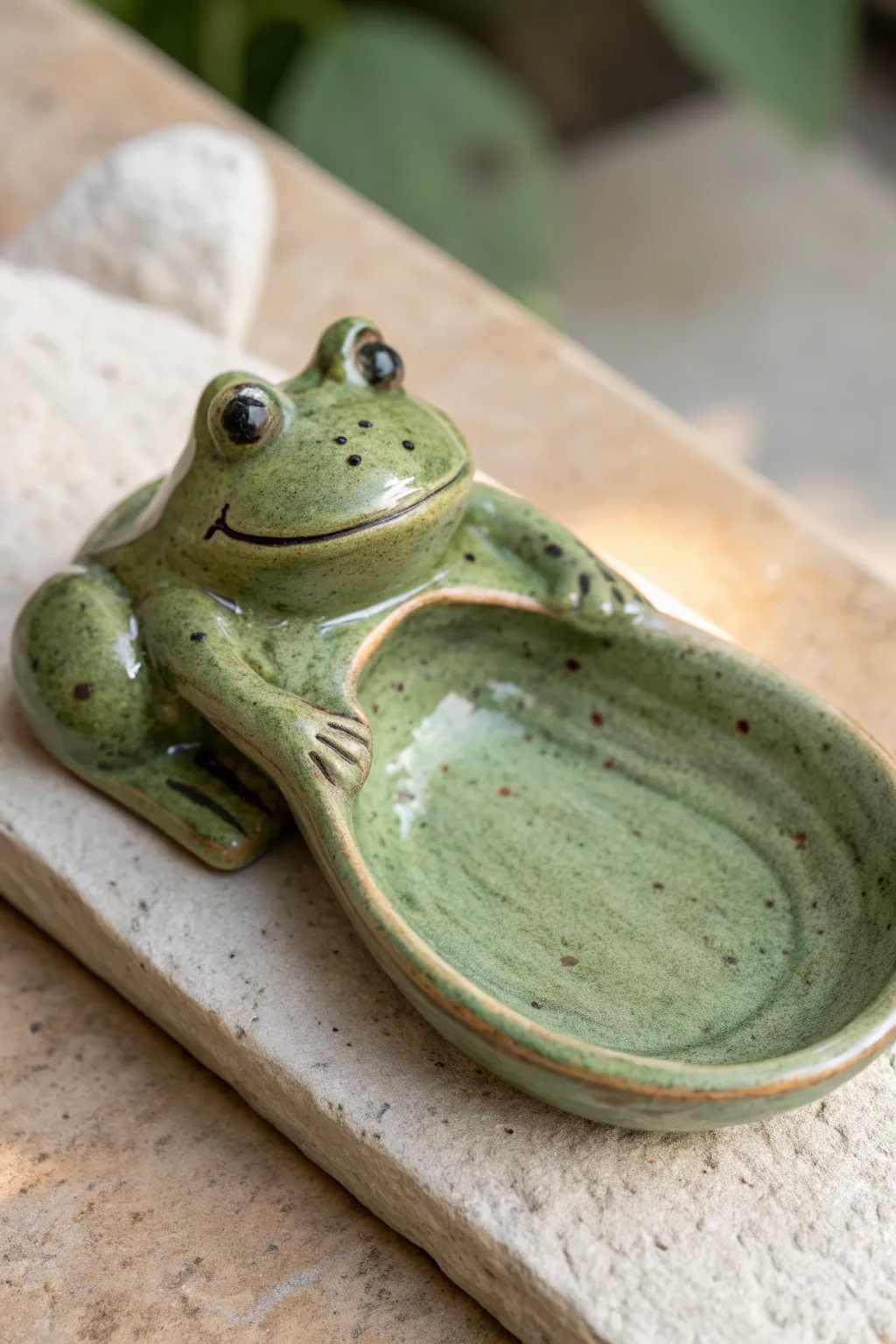 Satin green speckled frog spoon rest in minimalist Scandi style with earthy handmade charm