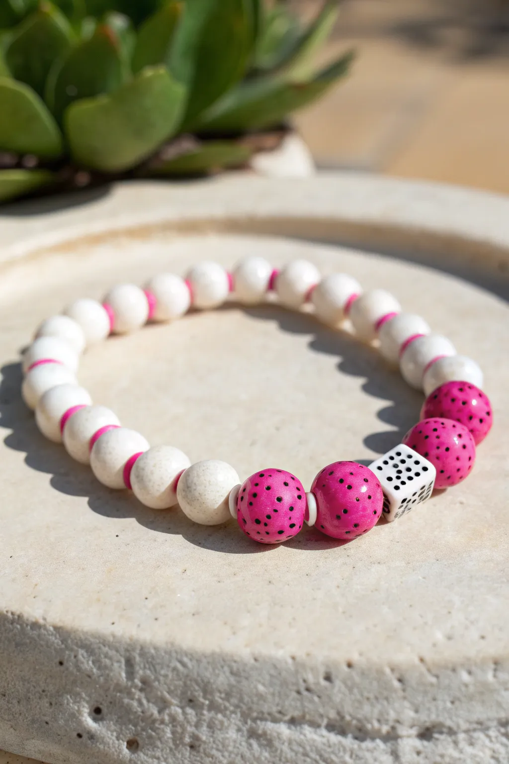 Bold dragon fruit speckles with hot pink and white heishi beads, a fresh minimalist statement.