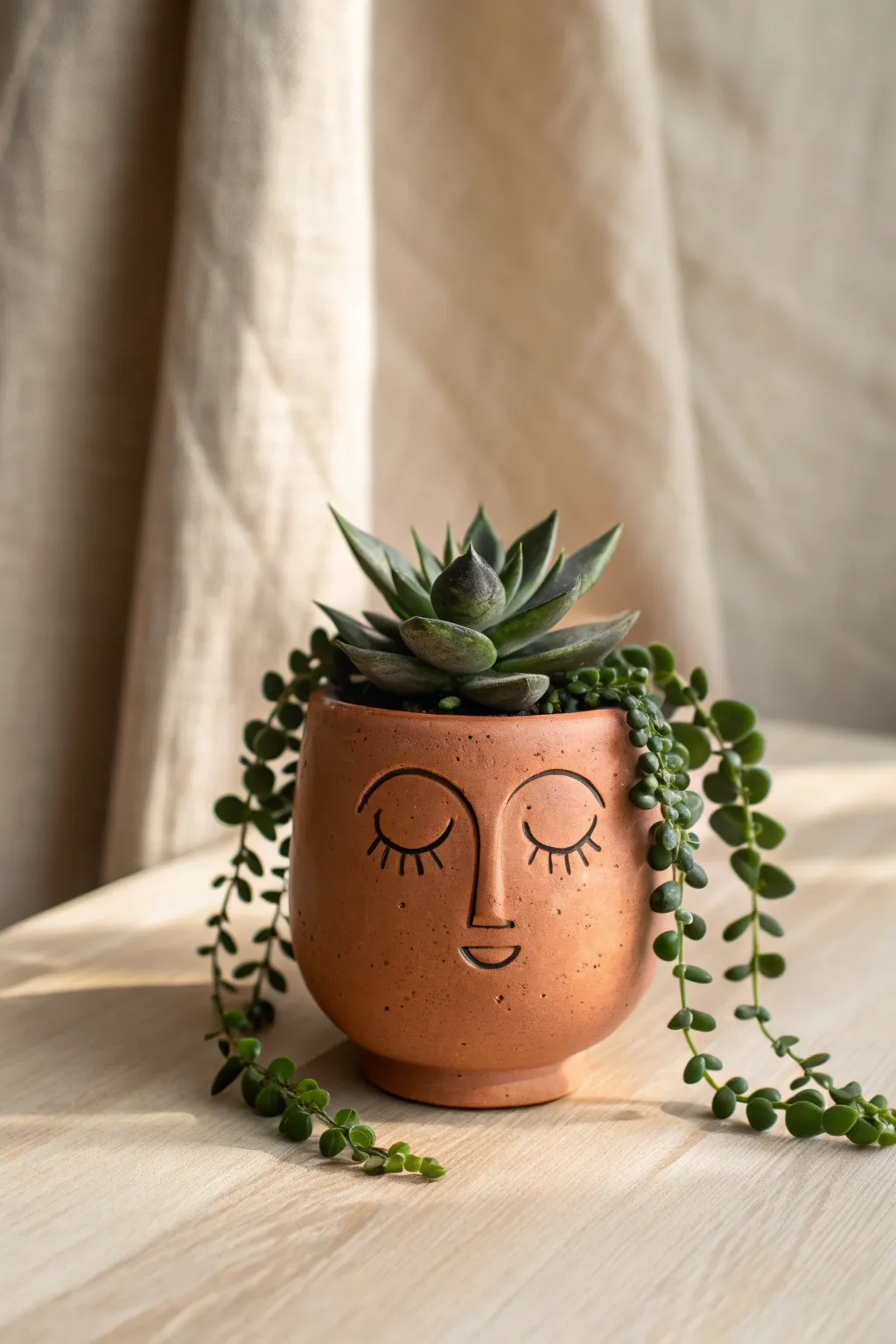 DIY face planter with leafy hair, rosy cheeks, and minimalist boho vibes in soft daylight.