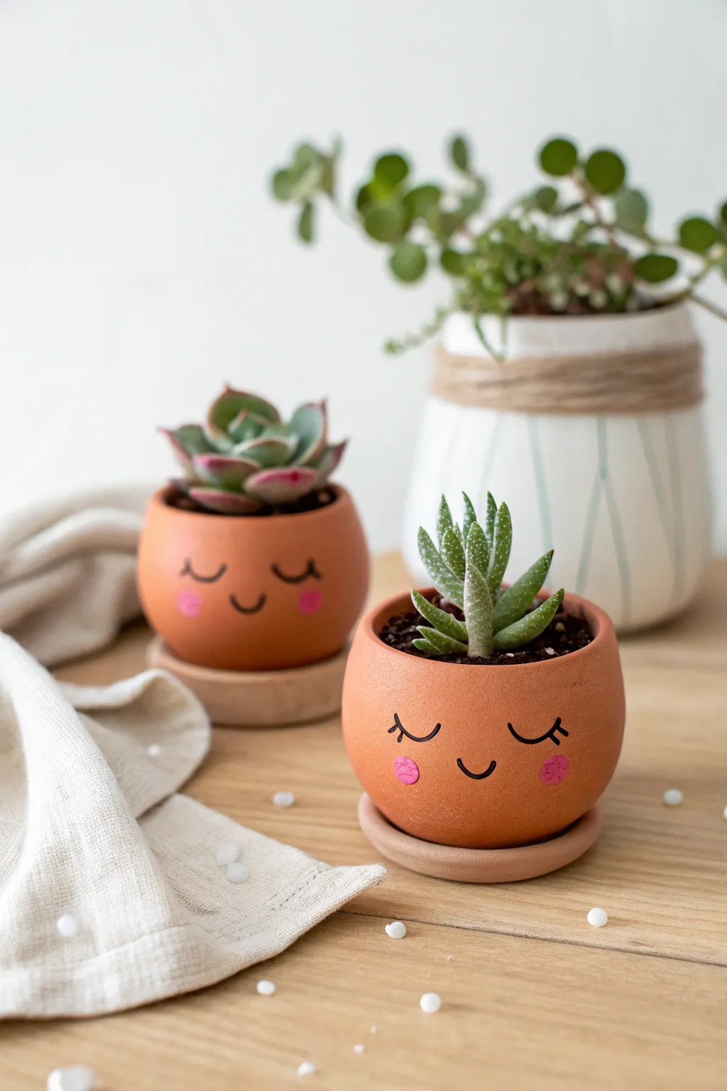 Smiley mini clay pots with bright succulents, a cute Scandinavian-boho kids craft idea