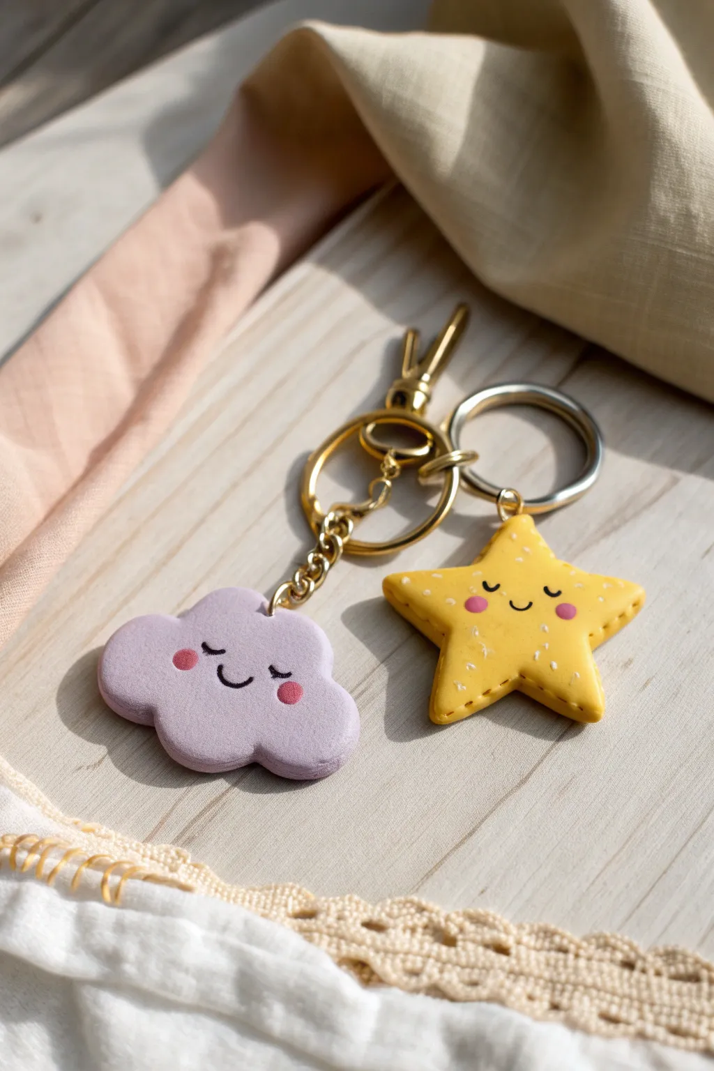 Sweet pastel cloud and sunny star keychain duo, chunky clay charms perfect for beginners