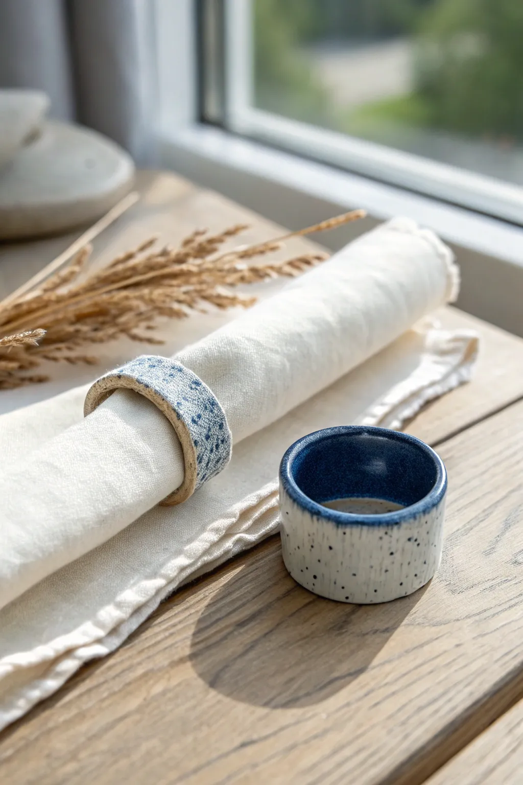 Simple indigo air dry clay napkin ring adds handcrafted charm to everyday linen place settings.