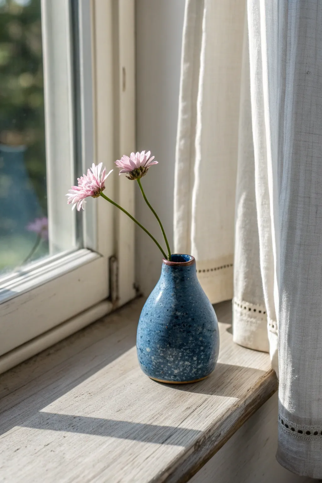 Simple handmade bud vase with a tiny bloom, minimal Nordic styling and warm morning light.