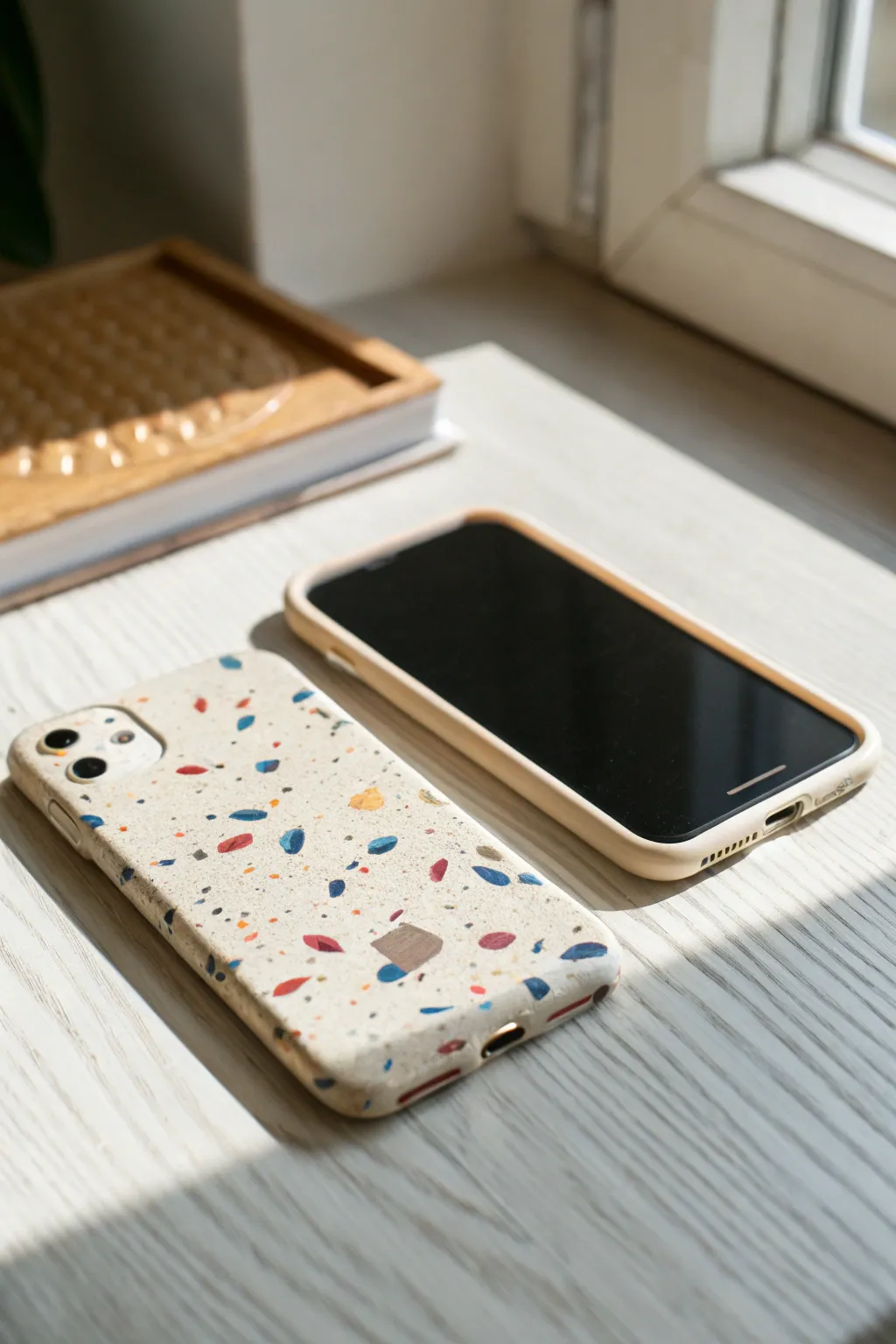 Textured polymer clay phone case panel with bold terrazzo chips on a clean Scandinavian desk