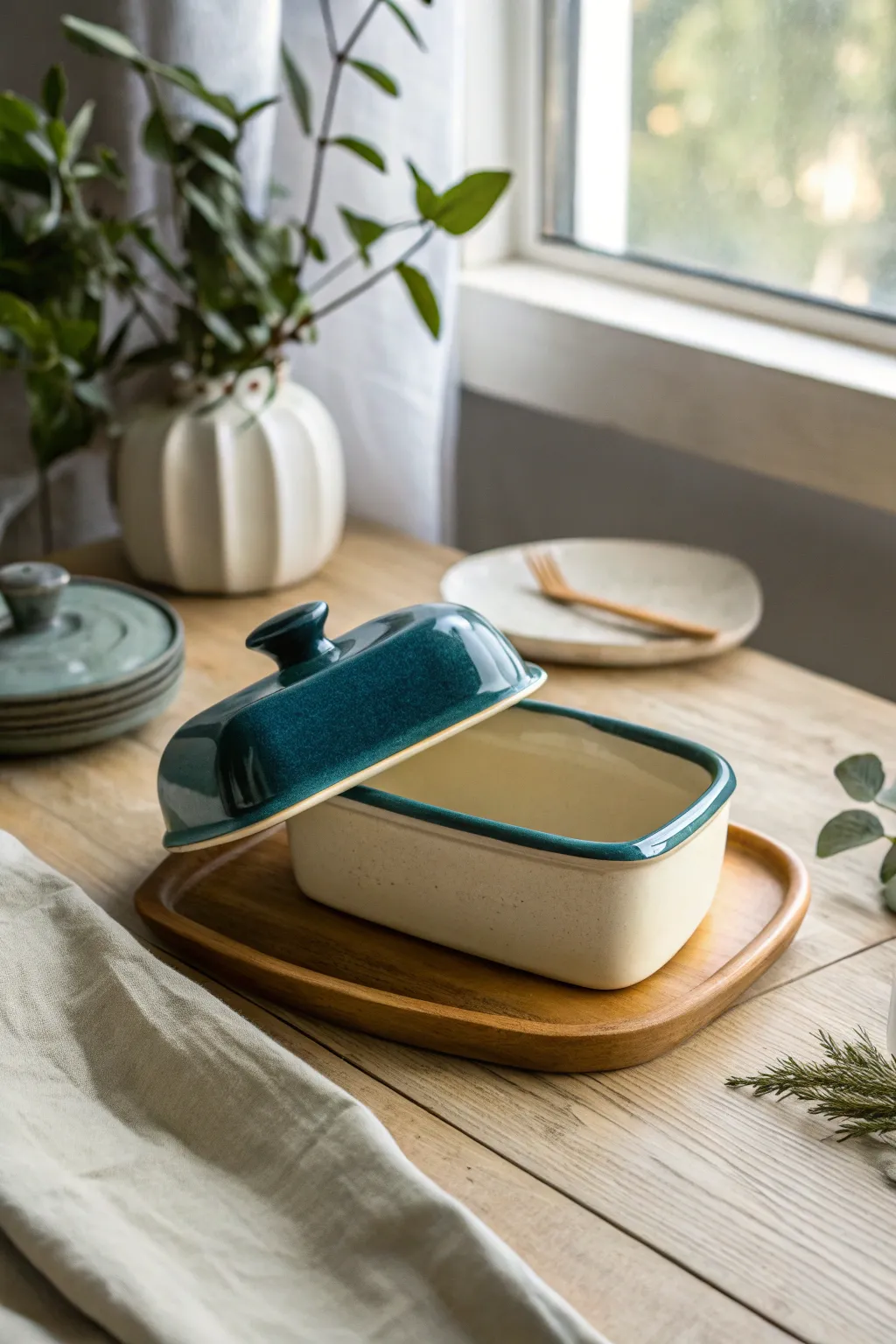 Snug-fitting two-tone butter dish with clean lines, bold glaze, and everyday functional beauty