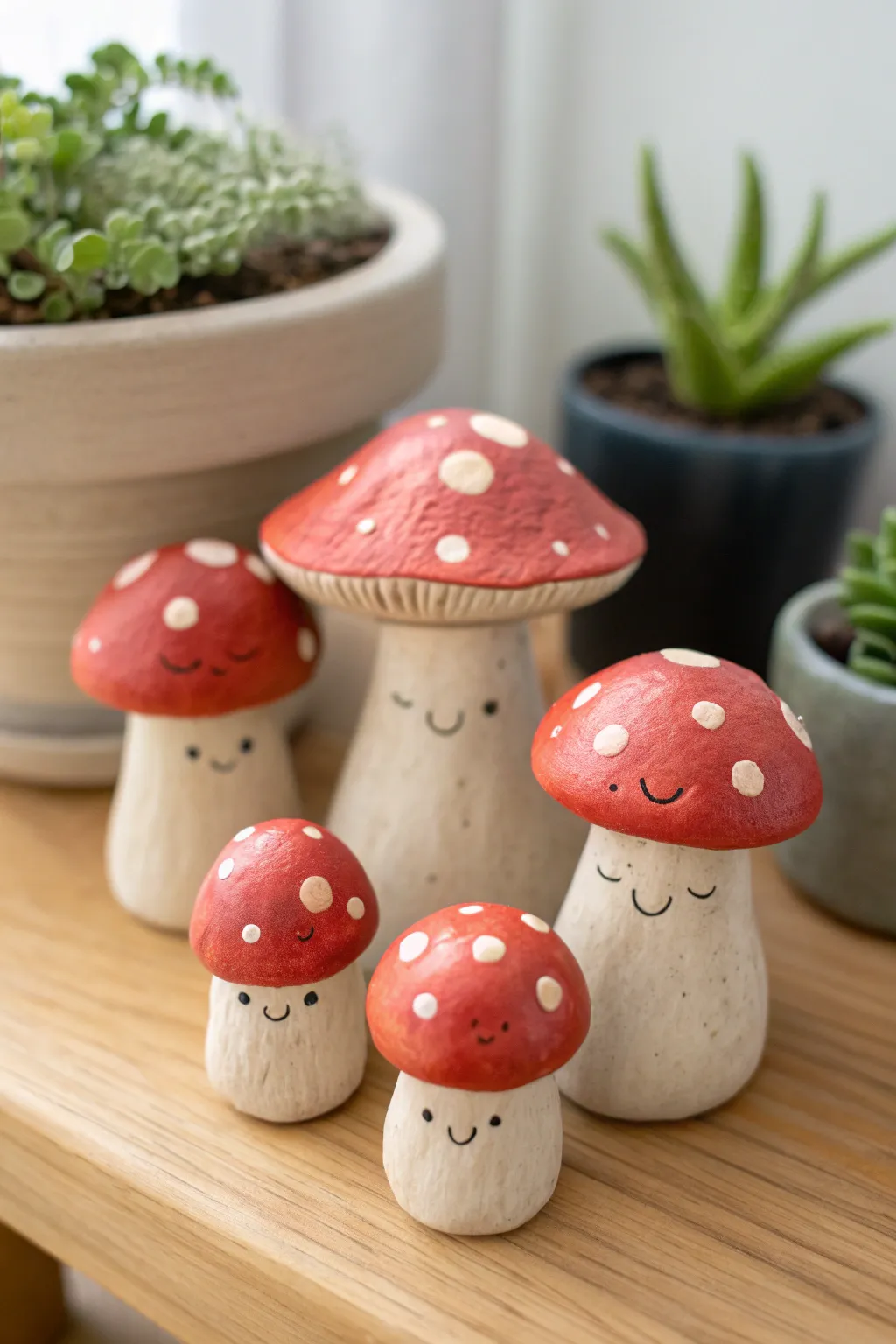 Tiny mushroom people with awkward expressions, a playful air dry clay vignette for your shelf.