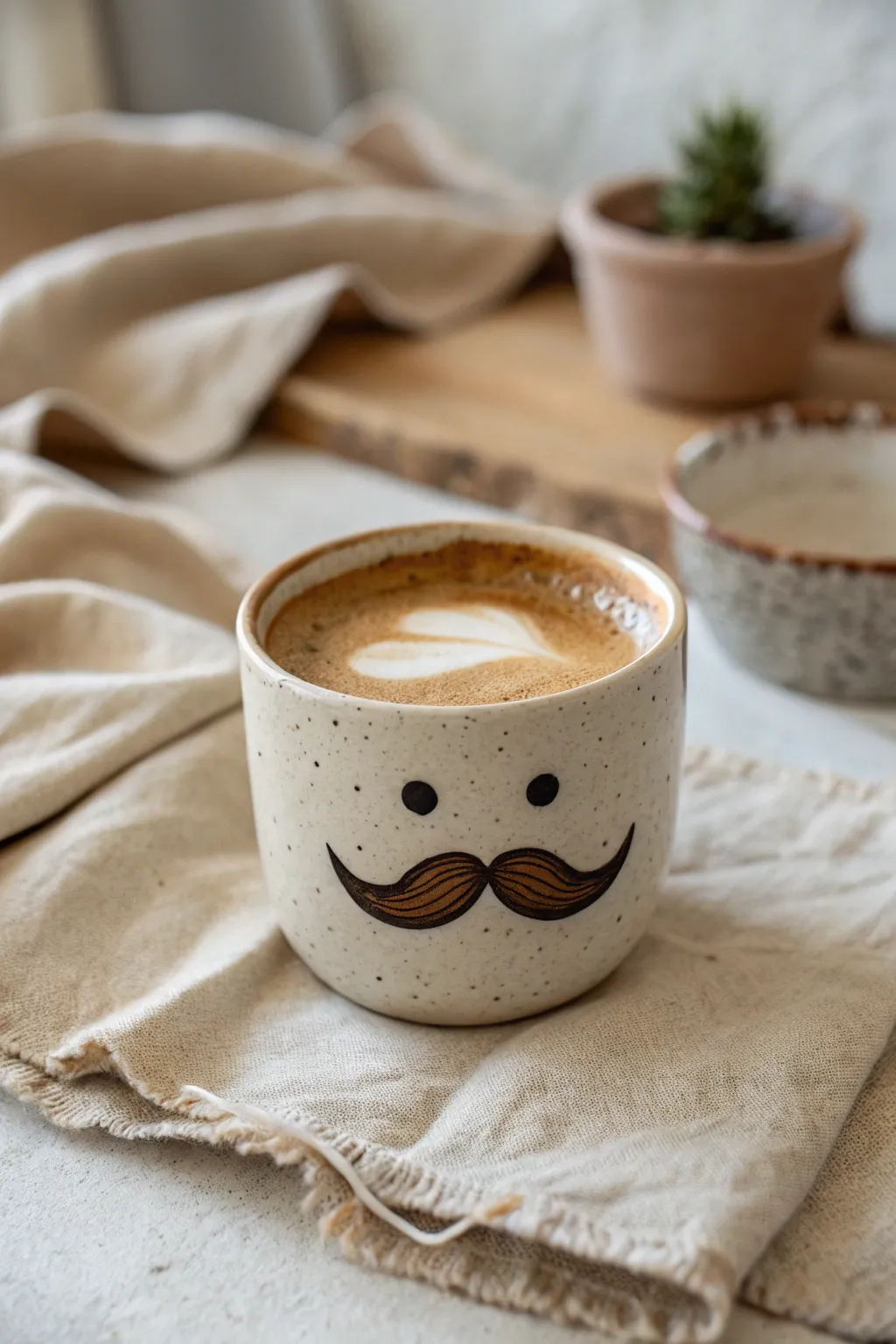 Wonky mustache mug with fierce side-eye energy, a funny clay idea in minimalist boho style.