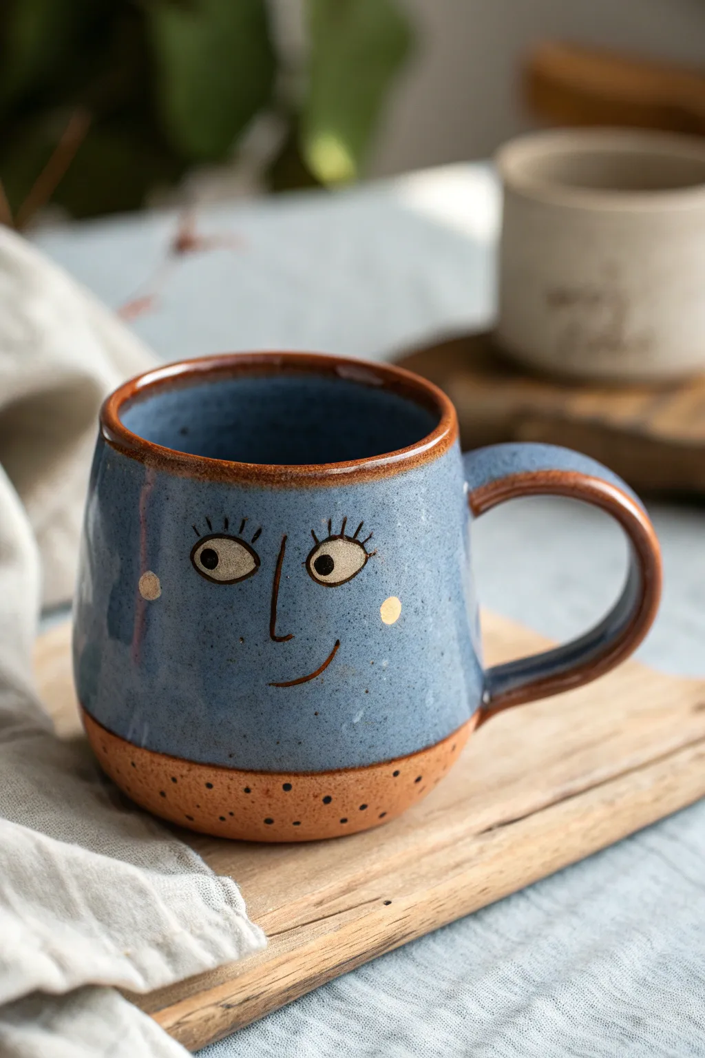 A cheeky raised-brow mug with a tiny smirk, handmade charm in bold color and clean lines.