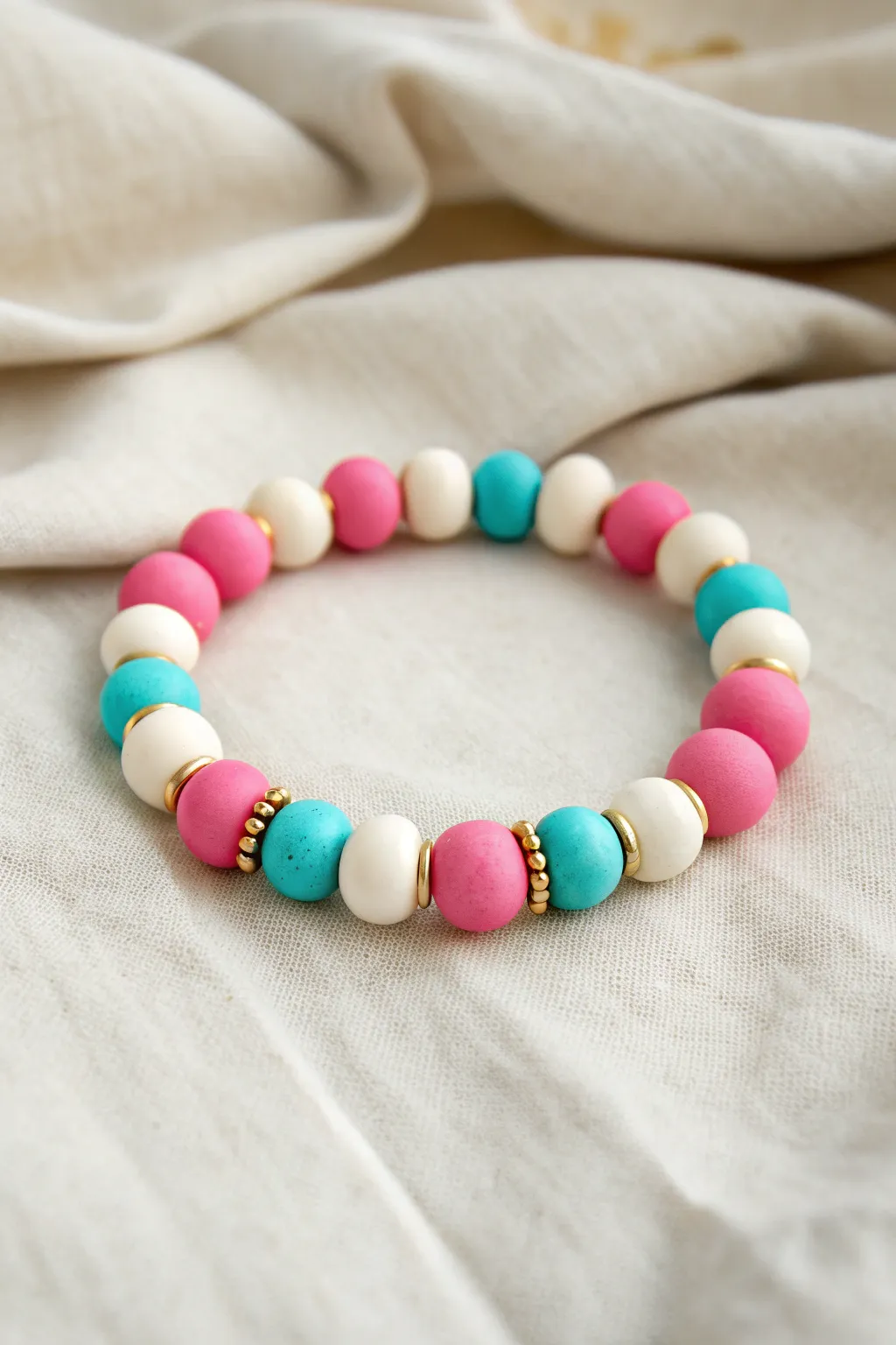 Chunky color-block clay bead bracelet with tiny gold spacers for a bold, sweet look.