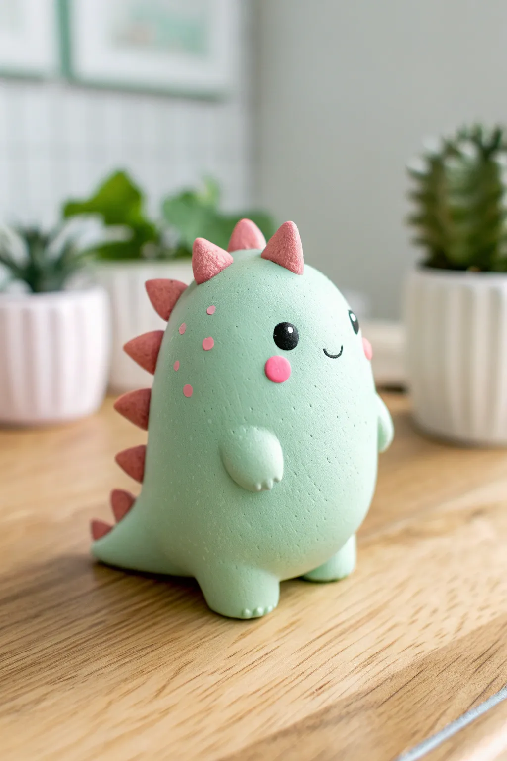 Chubby pastel dino buddy in mint and blush, a sweet beginner-friendly clay decor piece