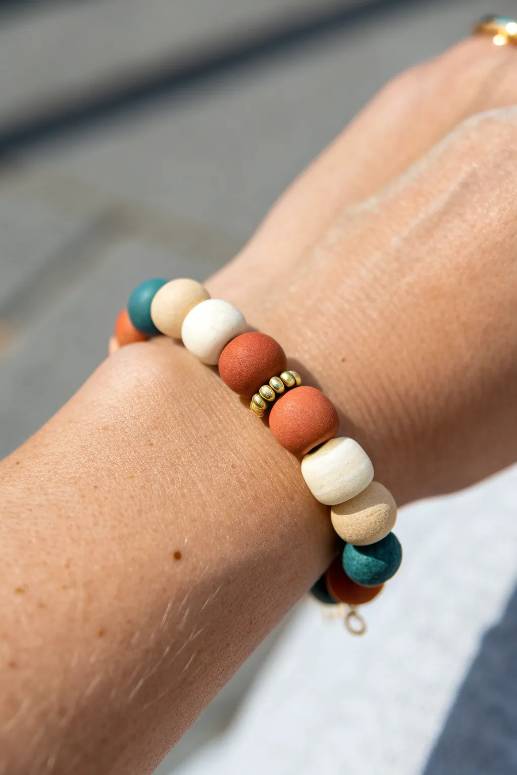Chunky color-block clay beads separated by slim gold rings for a modern boho statement.