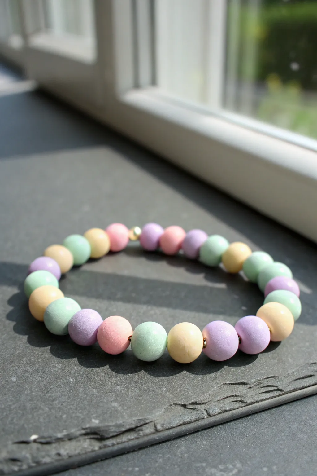 Soft pastel clay bead bracelet with airy neutral spacers for a minimal, dreamy look