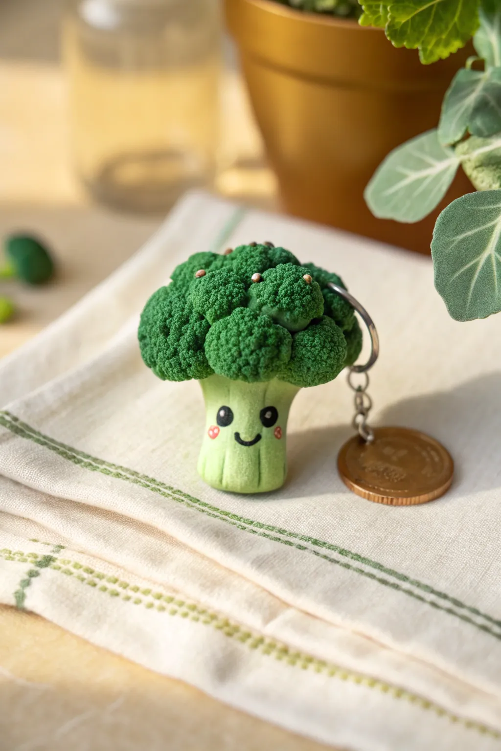 Cute green broccoli charm with a friendly smile, minimal yet bold, perfect for green clay ideas.