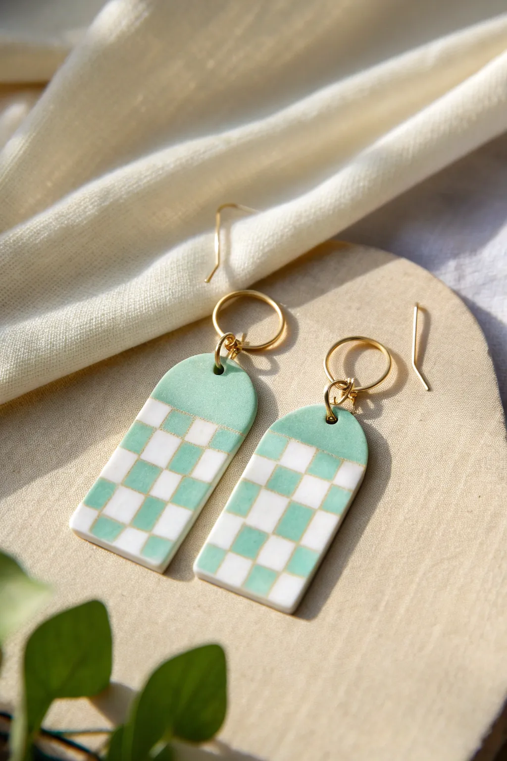 Mint checkerboard slab earrings: minimalist, lightweight polymer clay with crisp modern contrast.
