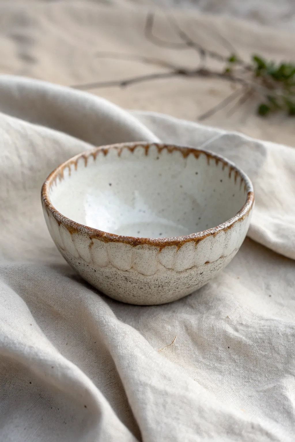 Bone-white tooth-rim mini bowl with a grunge wash, minimal styling, and bold contrast.