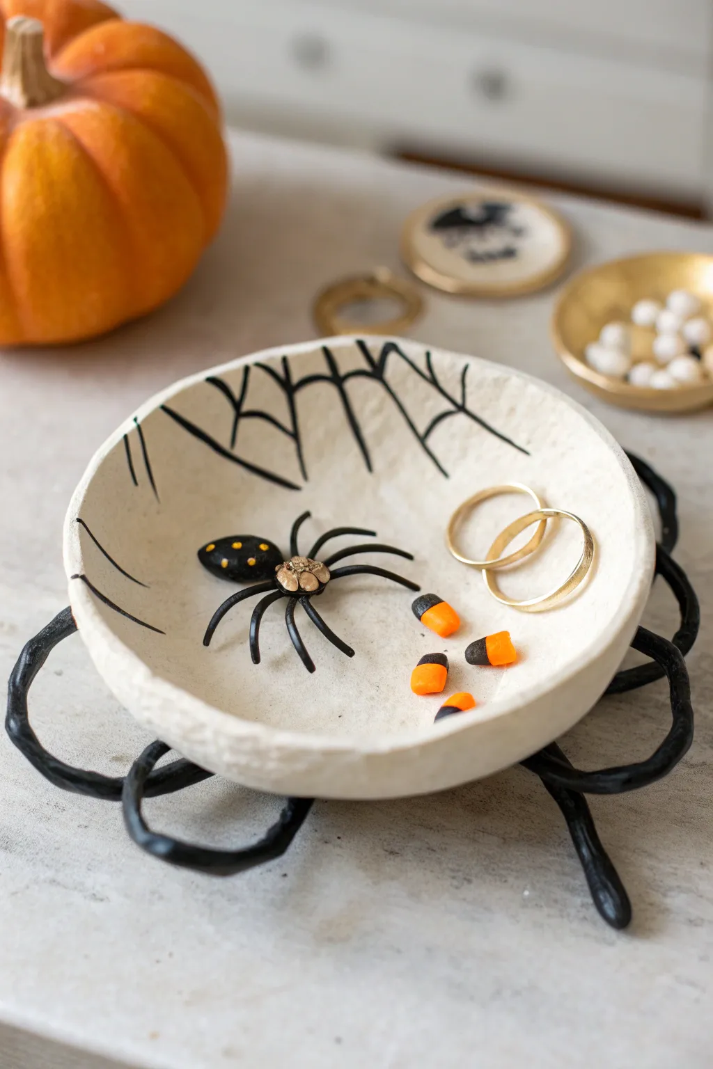Cute spider trinket dish in air-dry clay, perfect for rings and Halloween candy bites
