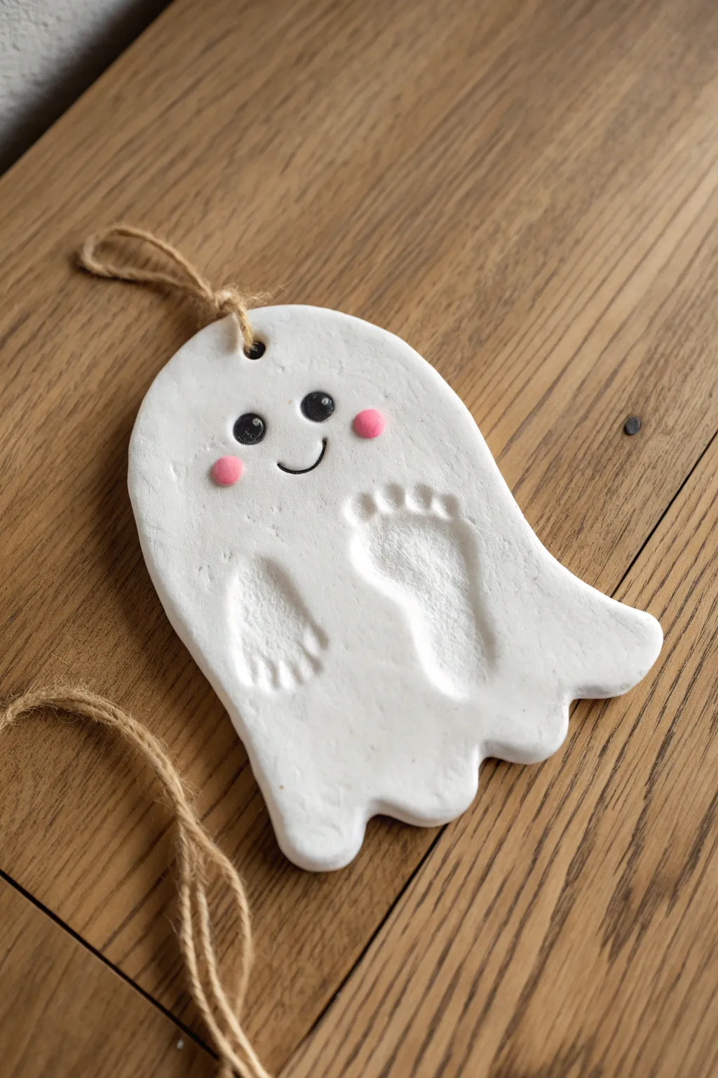 Sweet footprint ghost keepsake plaque, perfect Halloween craft for kids and cozy minimalist decor.