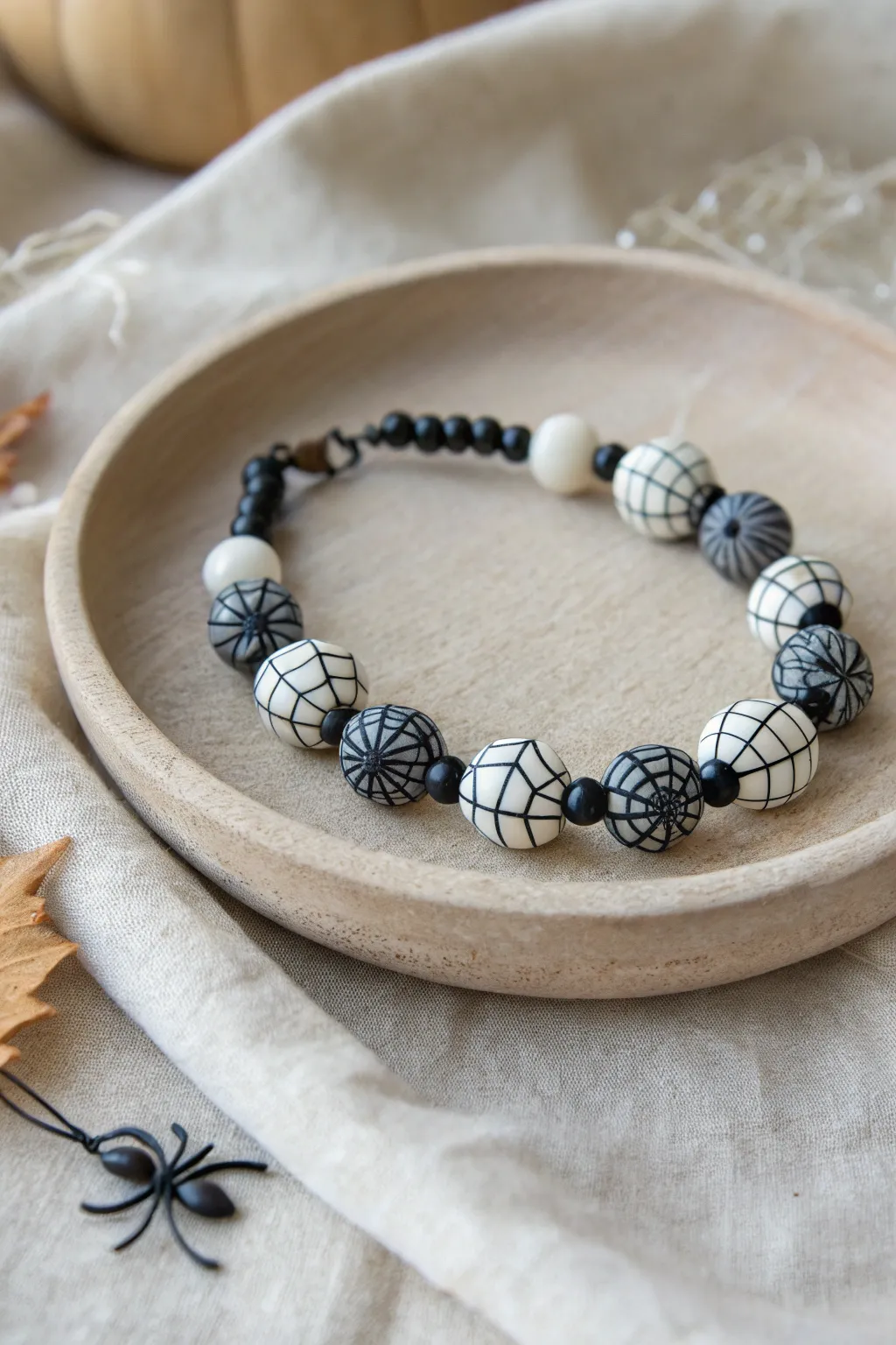 Minimal spooky-chic clay bracelet with spiderweb focal beads in bold black, gray, and white.