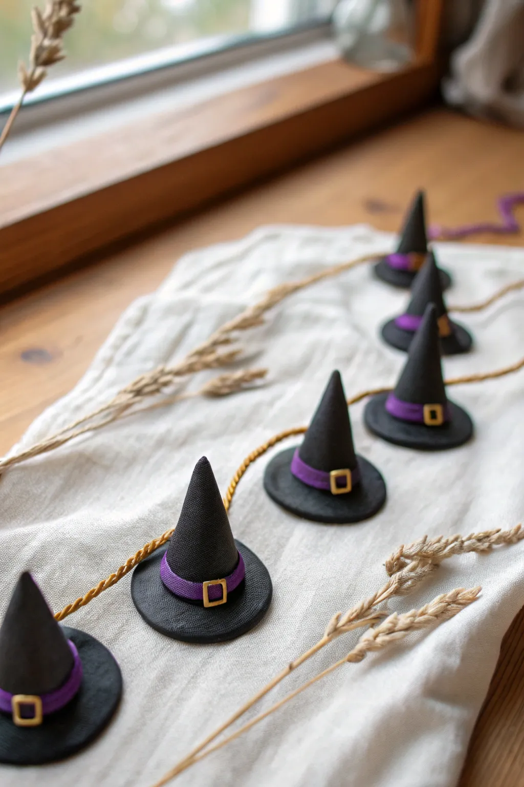 Tiny clay witch hat charms in black, purple, and gold for an easy kid-friendly Halloween craft