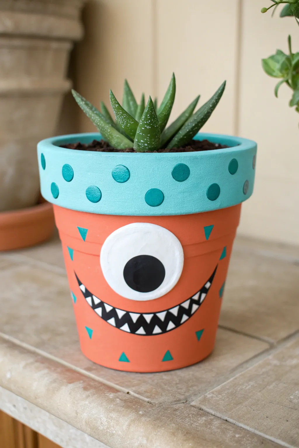 Goofy one-eyed monster pot in bold Halloween colors, minimal yet playful and handmade.