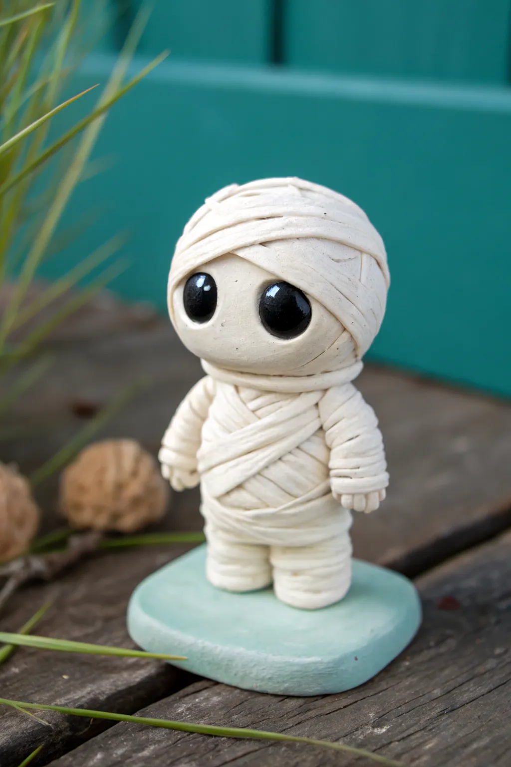 Cute off-white mini mummy clay figure with big eyes, simple wraps, perfect for Halloween decor.