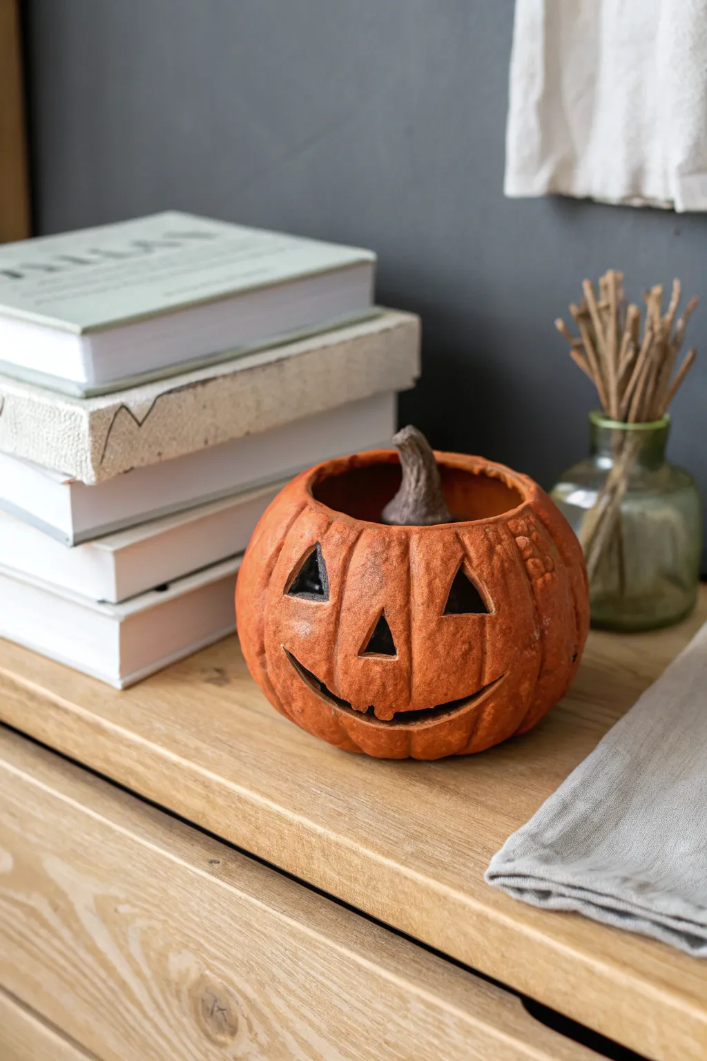 Winking jack o lantern pinch pot in bold orange, cozy minimalist shelf styling for Halloween.