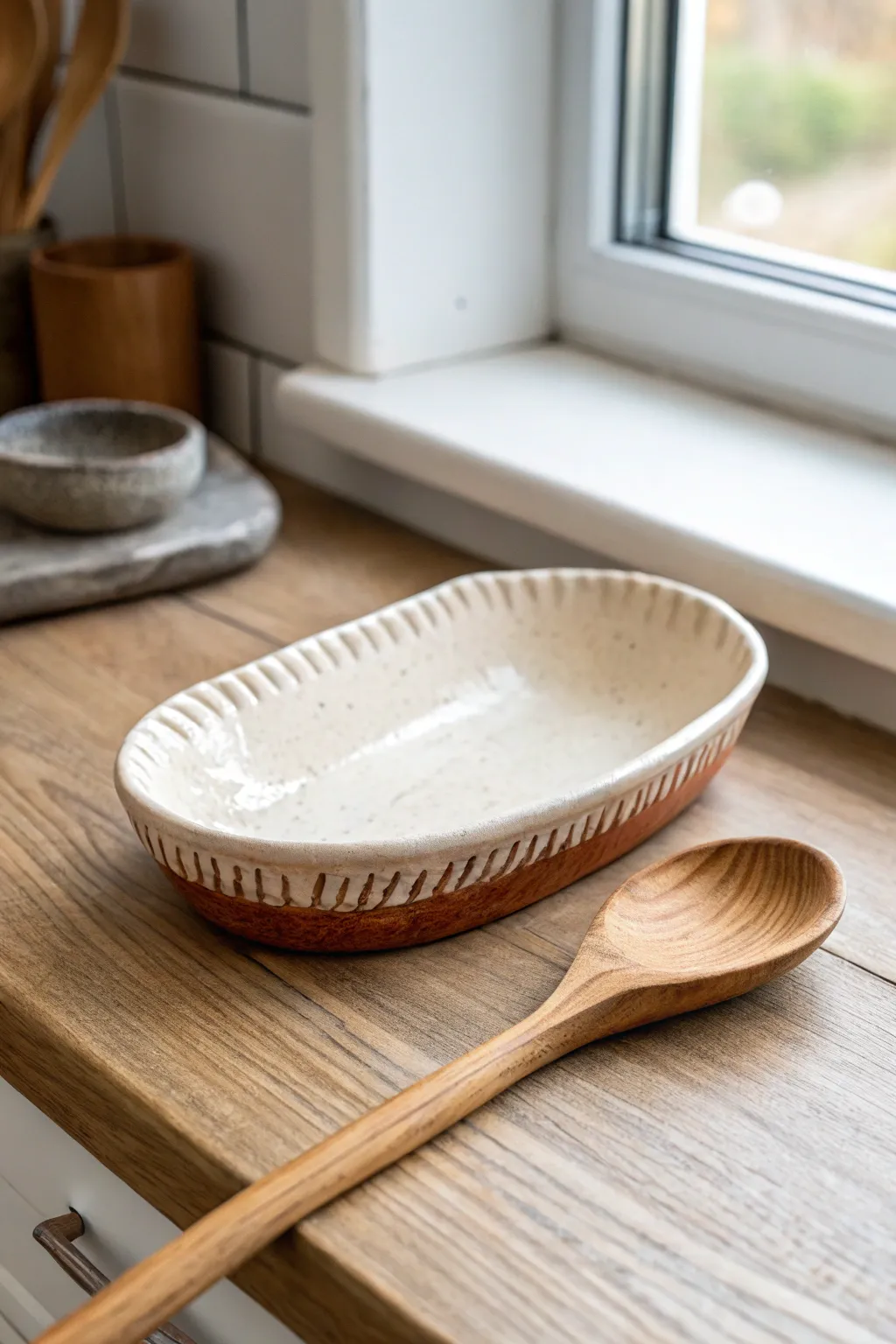 Minimal slab spoon rest with thumb print texture, crafted look, perfect for a cozy kitchen
