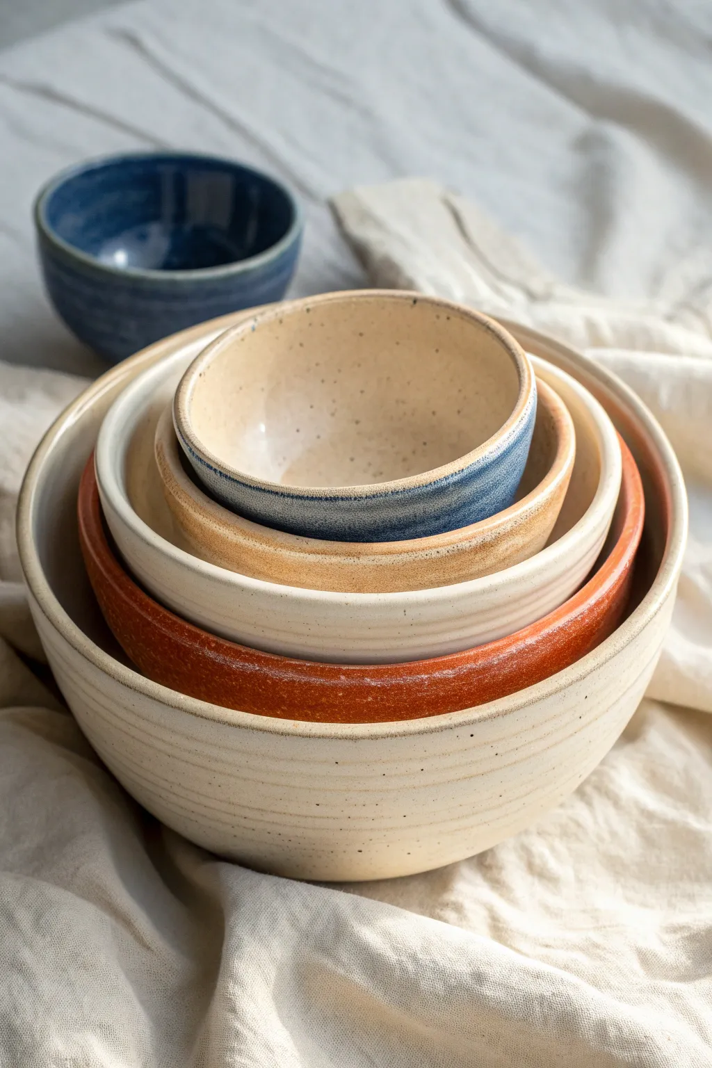 Hand-built nesting snack bowls in bold glazes, stacked neatly for a minimalist boho vibe.
