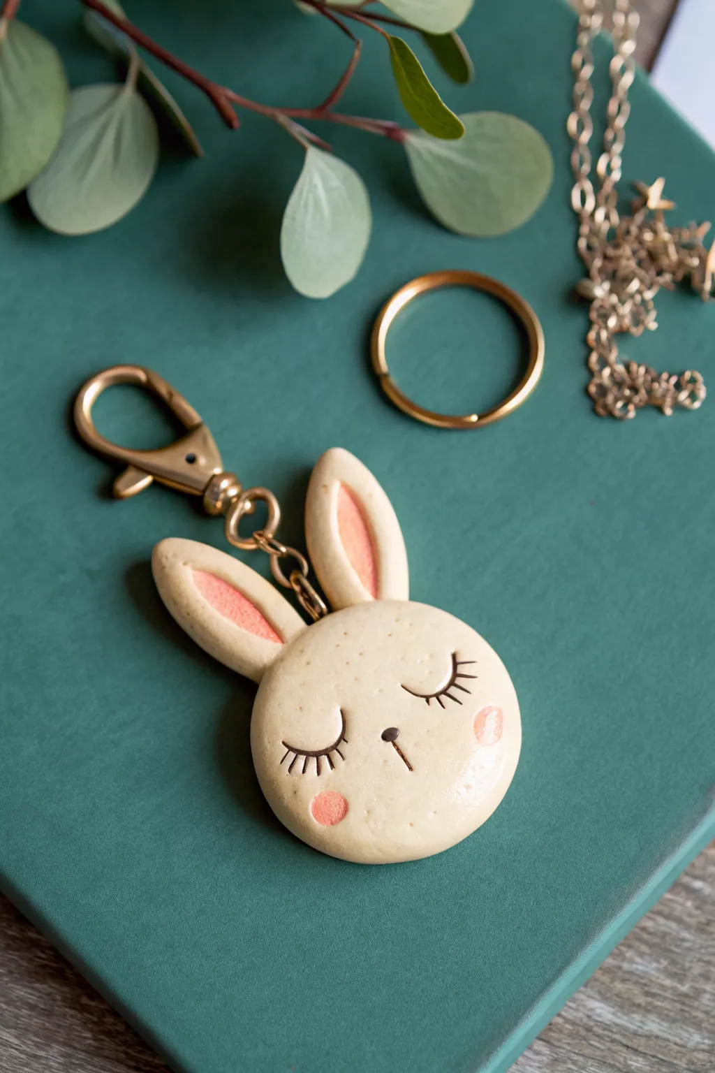 Sleepy bunny clay keychain with a glossy finish and centered jump ring, minimal boho charm.