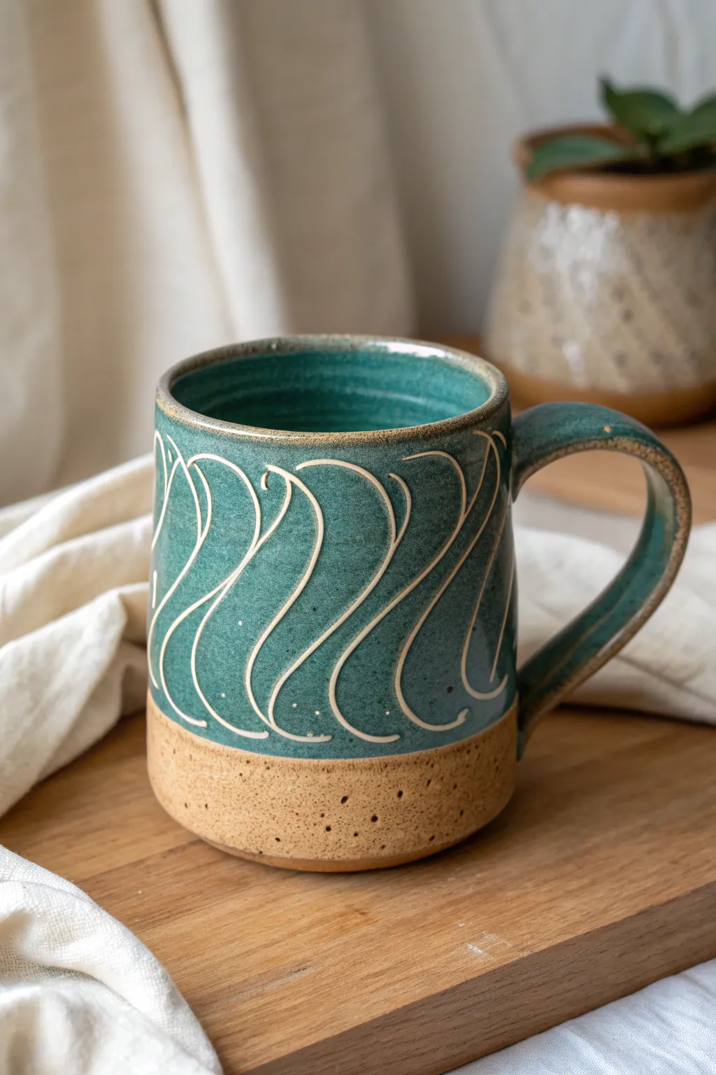 Wrapped slip trailing mug with glaze breaks, bold swirls, and cozy minimalist boho charm.