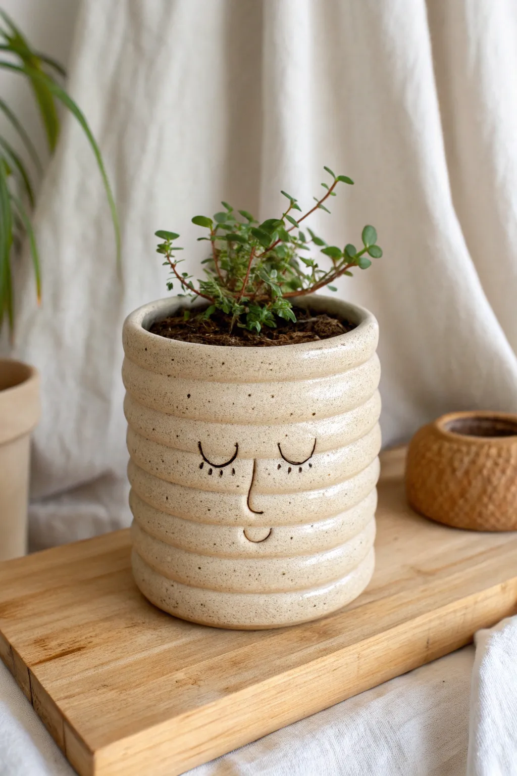 Coil-built planter with a simple sleepy face and a fresh trailing plant, minimal and cozy.