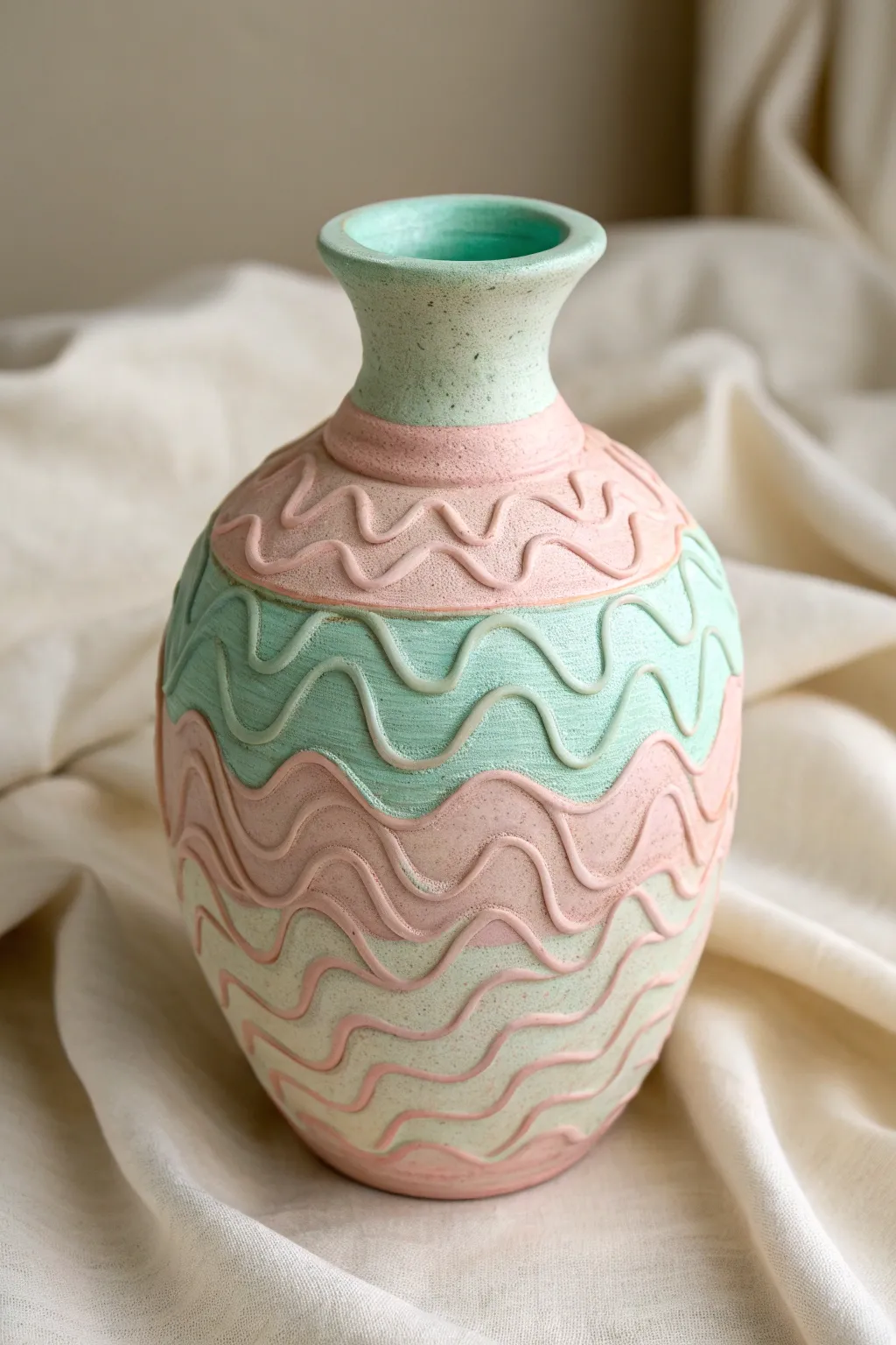 Two-tone pastel squiggle noodle vase with dried stems, minimalist boho texture and contrast