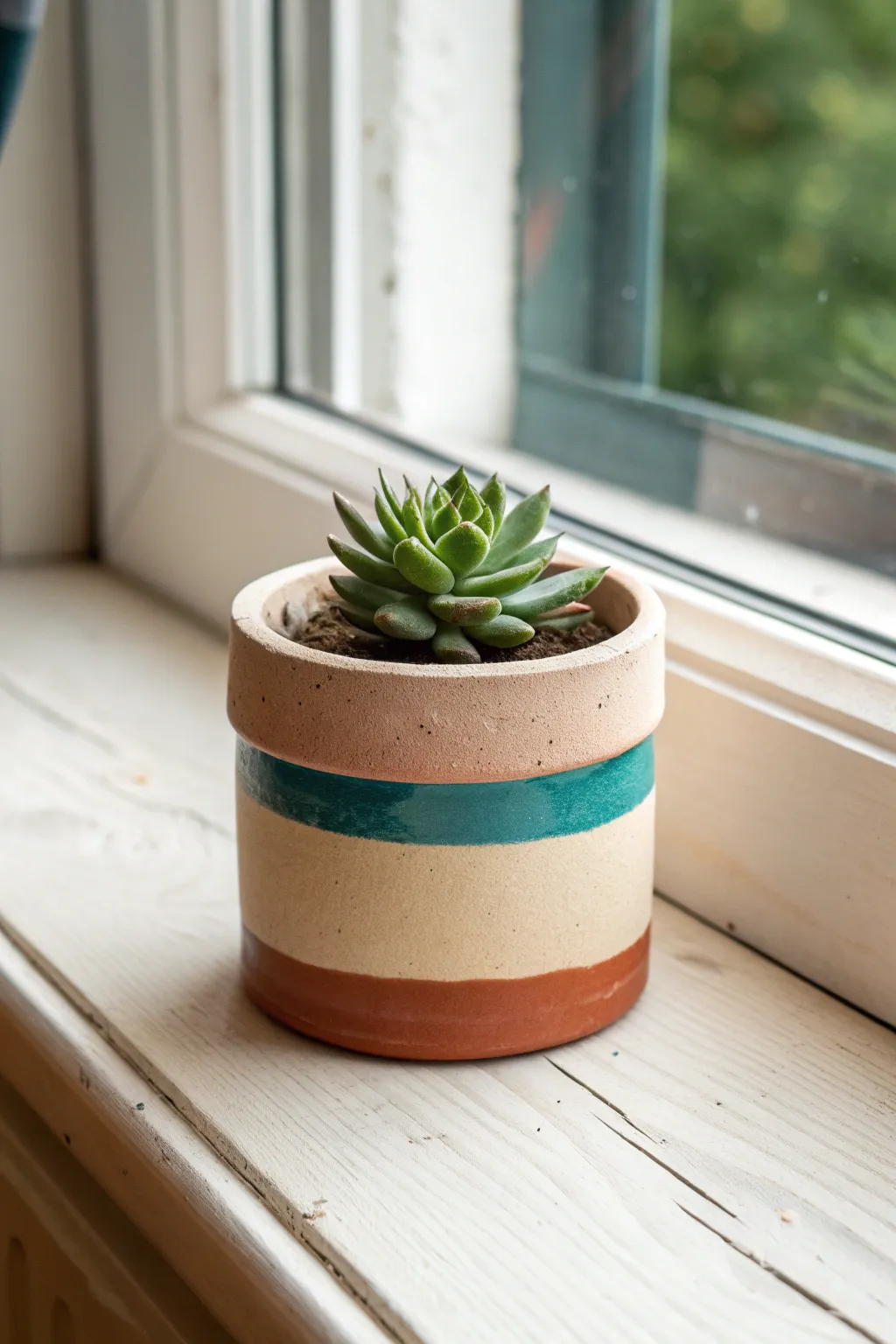Minimal handmade succulent planter with earthy glaze and bold accent, styled in soft window light