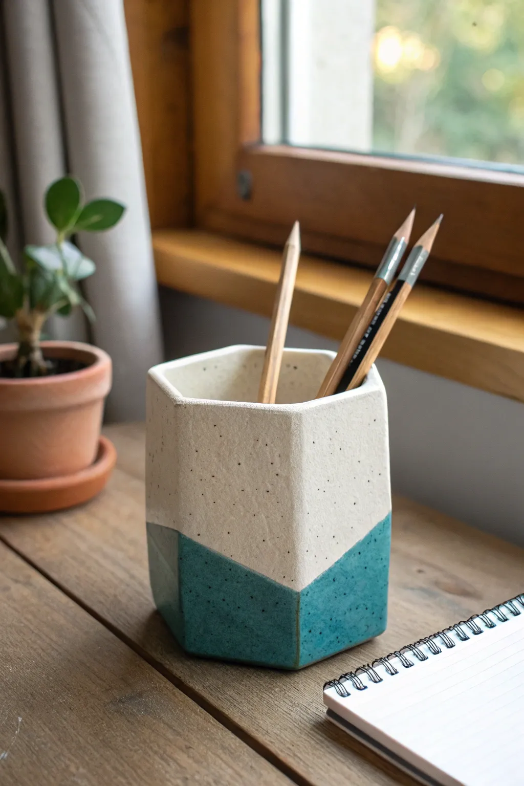Speckled-glaze hexagon slab pencil cup set, modern boho storage for pens and brushes.