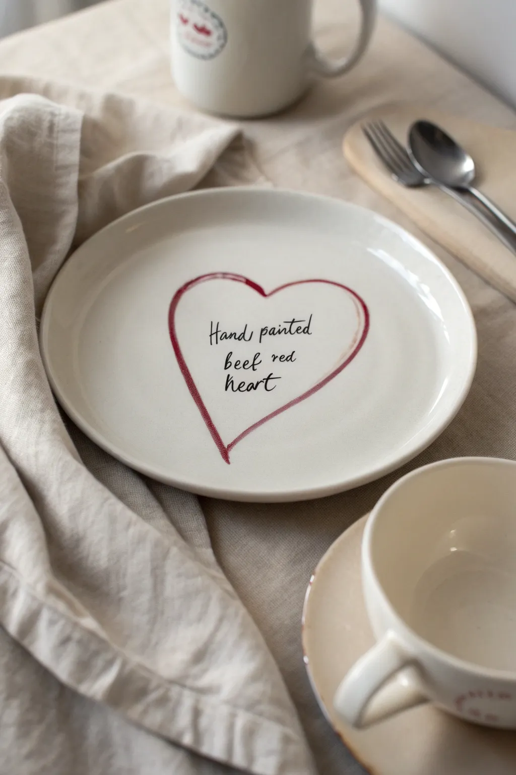 Sweet heart plate with delicate handwritten curve detail, minimalist and cozy for tea-time decor