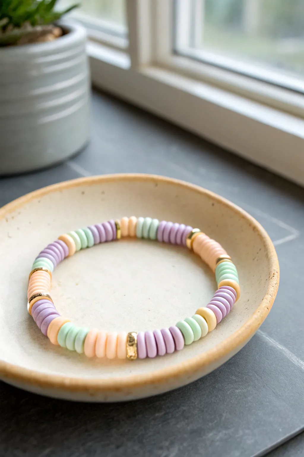 Pastel sorbet heishi bracelet in lavender, mint, peach and butter yellow, effortlessly chic.