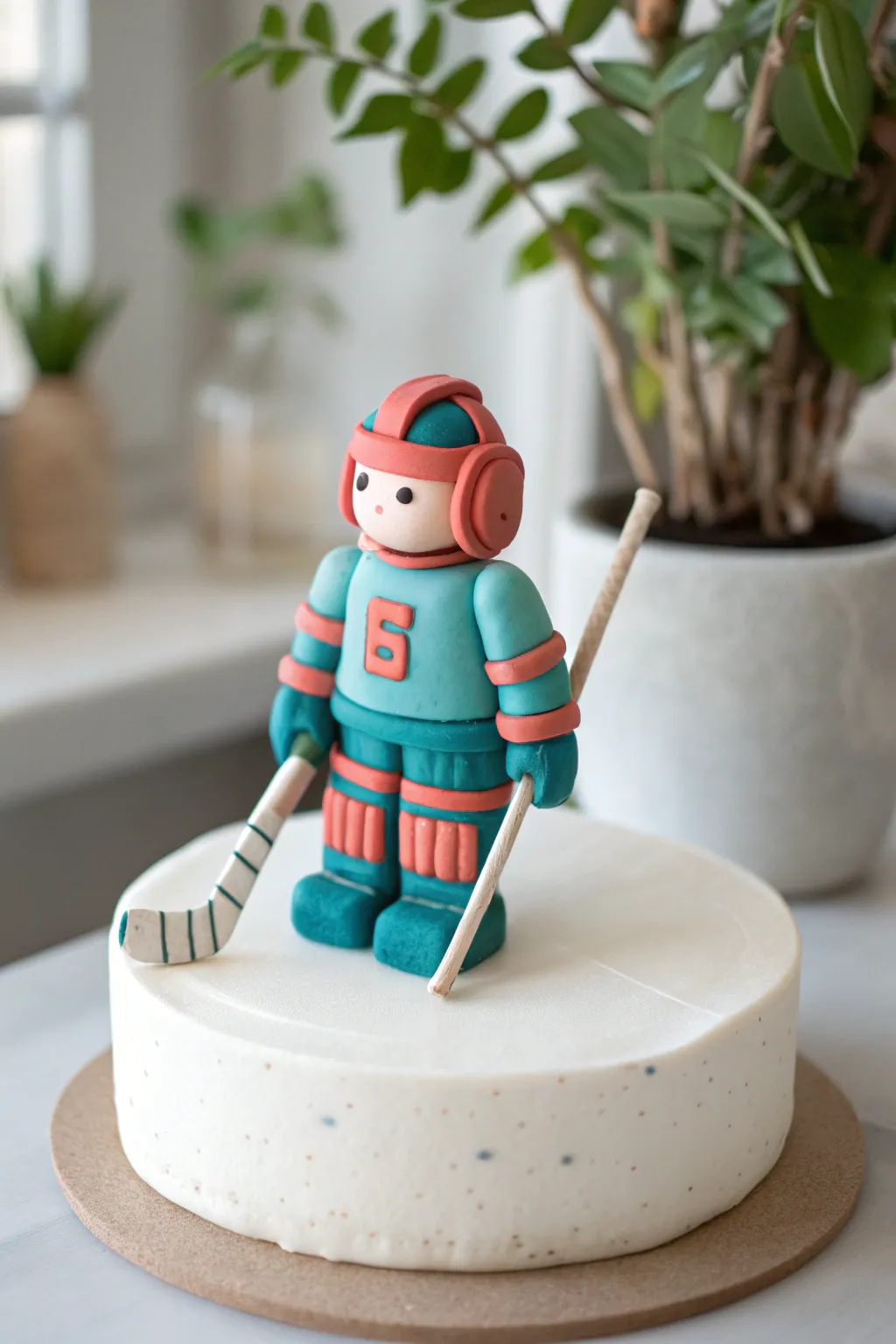 Cute clay hockey player cake topper in bold colors, minimalist base, perfect for birthdays.