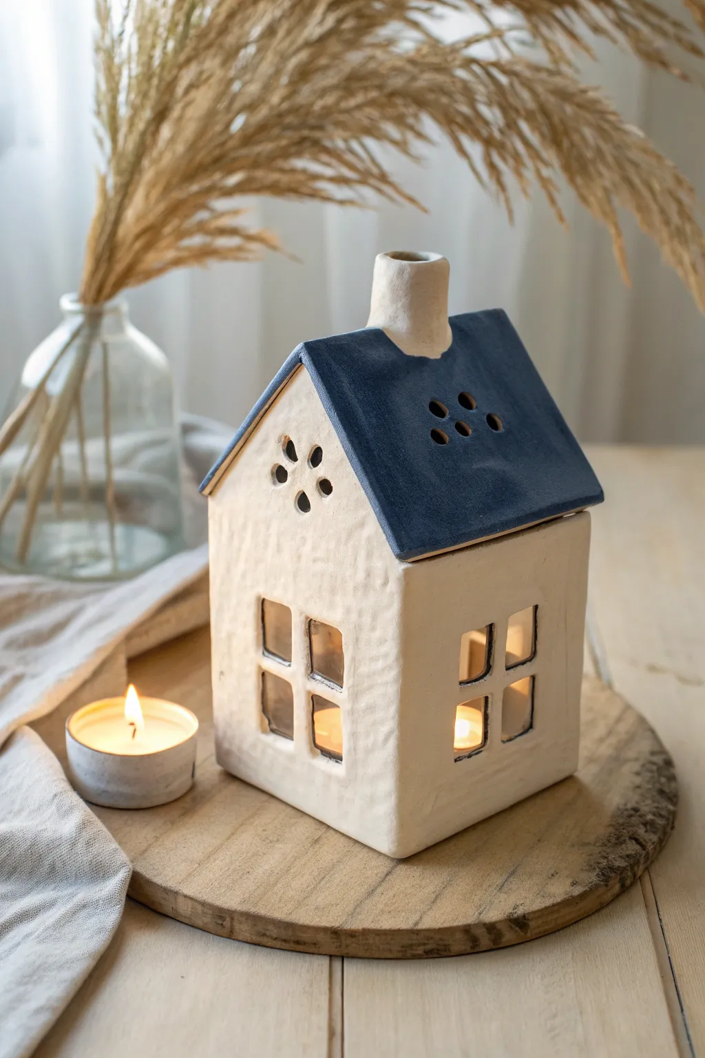 Mini hollow clay house lantern glowing softly, minimalist Scandinavian-boho decor and warm contrast.