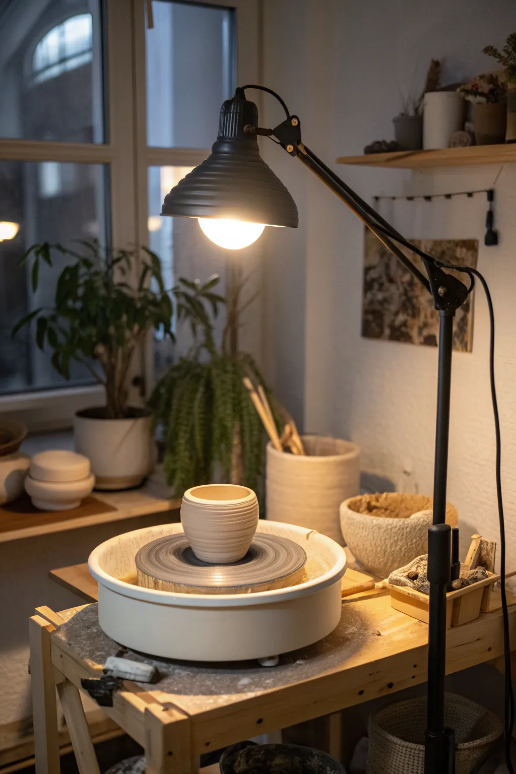 Bright overhead plus warm task lighting creates a cozy home pottery wheel nook for evenings.