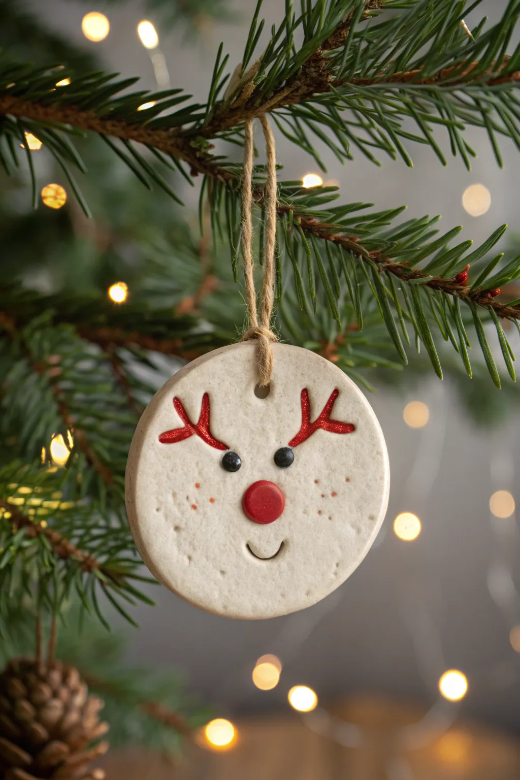 Sweet handmade reindeer clay ornament with tiny antlers and a bright red nose, softly glowing.