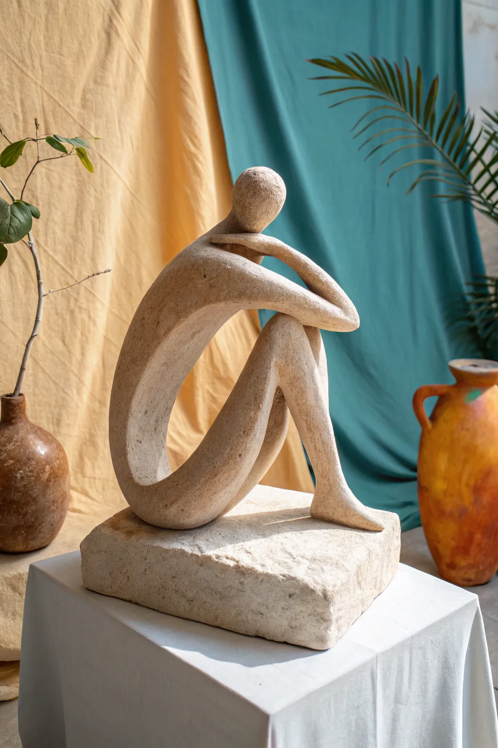 Abstract seated clay figure with negative space limbs, minimalist Scandinavian boho vibe.