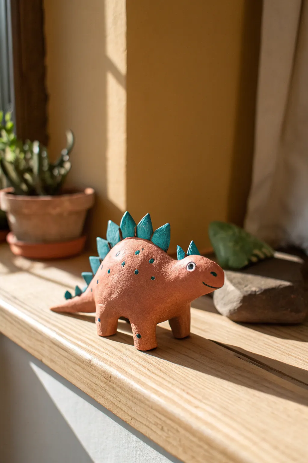 Cute chubby clay dino with simple back spikes, bold teal accents, and clean minimalist boho style.