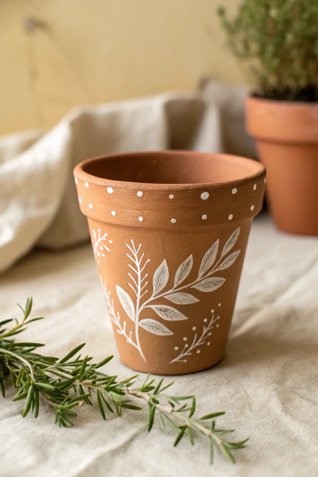 Easy sprig-and-dot paint idea on a terracotta pot, styled with a soft herb backdrop.