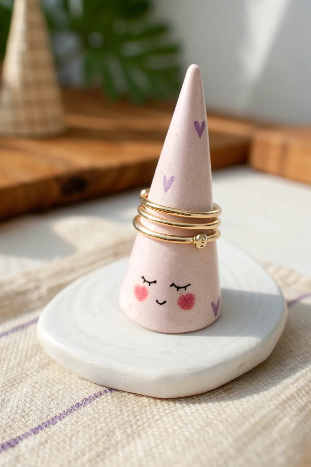 Blush heart ring cone with a sweet little face, a minimalist way to store your favorite rings.