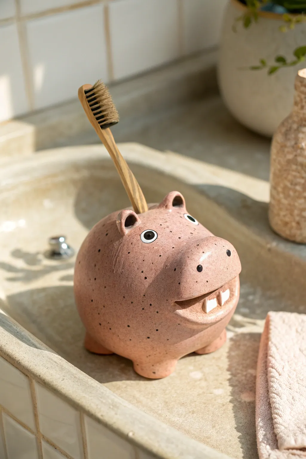 Cute hippo toothbrush holder with open mouth design, handmade clay charm for a minimalist bath.