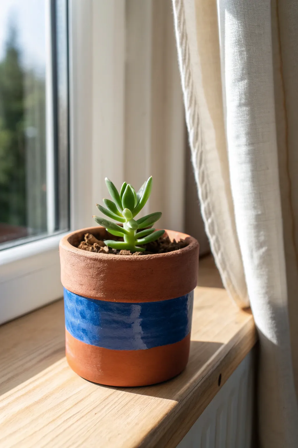 Tiny handmade clay planter with a bold stripe, sunlit on a windowsill for minimalist charm