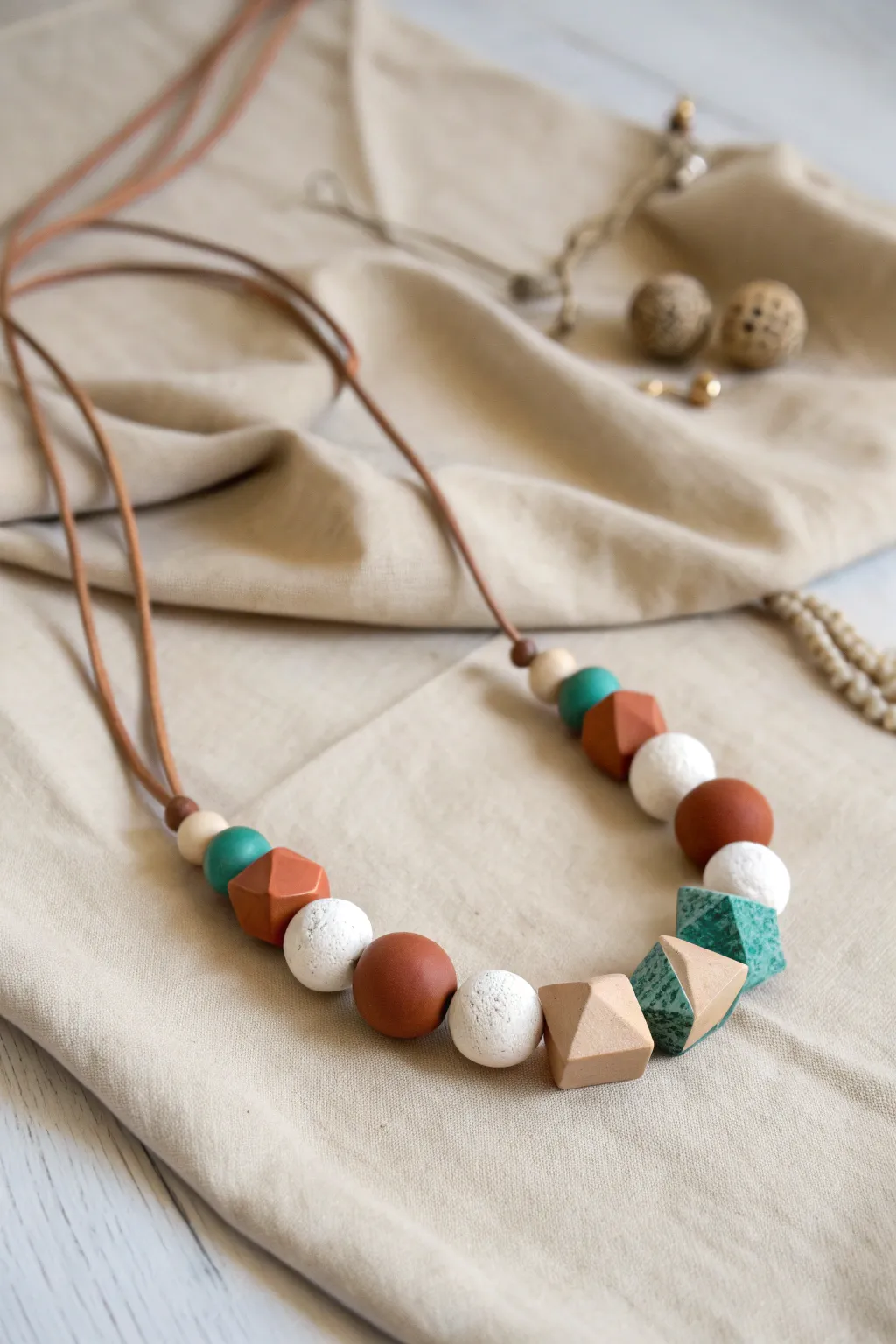 Air dry clay bead necklace charms in earthy tones with a striking teal accent, minimalist and boho.